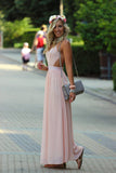 Pink A Line Floor Length Deep V Neck Sleeveless Backless Chiffon Prom Dresses