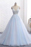 Sexy Ball Gown Tulle Sky Blue V-neck Appliques Brush Train Long Sleeveless Prom Dresses UK JS505