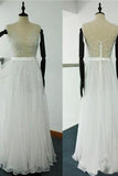 Sheer Beach Ivory Scoop A Line Beaded Embroidery Tulle Chiffon Wedding Dresses UK JS351