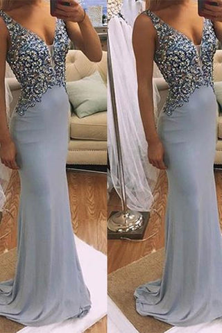 Gray blue chiffon sequins V-neck long dresses evening dress