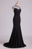 New High Neck Sheath Prom Dresses Spandex With Beading & Slit