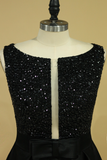 Black Prom Dresses Black Bodice Scoop Satin Floor Length Beaded & Belt