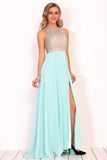 Prom Dresses Scoop Chiffon With Beads And Slit A Line Open Back