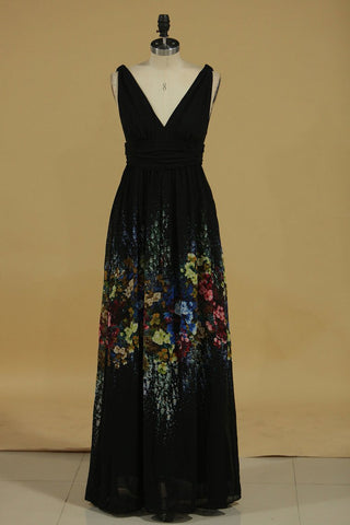 Prom Dresses V Neck With Print Chiffon A Line