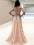 Stunning Sleeveless V Neck Open Back With Beading Prom Dresses