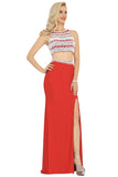 Two-Piece Scoop Prom Dresses Spandex With Beads And Slit