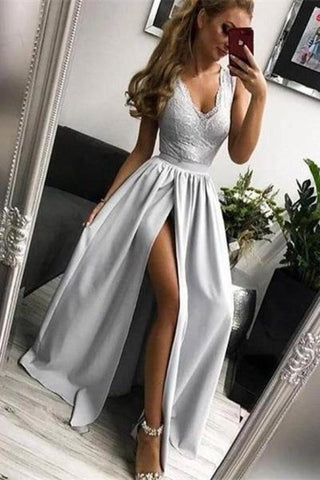 Prom Dress V Neck Satin With Slit Sexy Floor Length