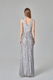 Sexy V Neck Silver Mermaid Prom Dresses, Embroidered Sequins Long Evening Dresses SJS15368