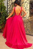 V-Neck A Line Prom Dresses Satin Zipper Up Sweep Train