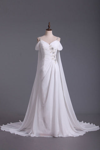 A Line Straps With Beads And Ruffles Wedding Dresses Chiffon Court Train Detachable