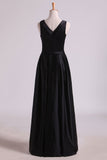 Black A Line Evening Dresses Cowl Neck Floor Length Satin With Sash