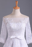 Shiny Wedding Dresses Bateau Half Length Sleeve A Line With Applique