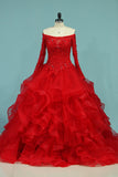 Long Sleeves Quinceanera Dresses Scoop Tulle With Applique Ball Gown