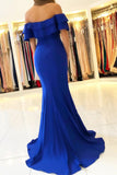 Elegant Off the Shoulder Royal Blue Mermaid Ruffle Sleeve Satin Long Prom Dresses SJS15190