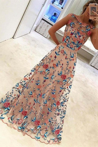 Gorgeous Long A-Line Scoop Neckline Embroidered Prom Dresses Evening Dresses