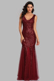 Sexy Burgundy Tulle V Neck Mermaid Sequin Prom Dresses, Evening Party Dresses SJS15332