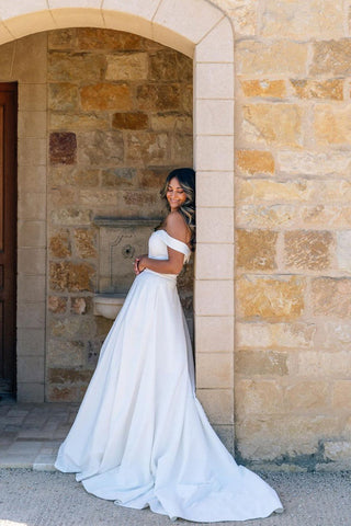 Elegant Ball Gown Off the Shoulder White Satin Long Wedding Dresses