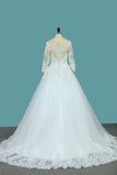 A Line 3/4 Length Sleeves Tulle Scoop Wedding Dresses With Applique