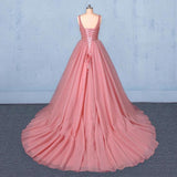 Ball Gown V Neck Tulle Prom Dress with Beads, Puffy Pink Sleeveless Quinceanera Dresses SJS15074