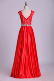 V-Neck Lace Bodice Prom Dresses Satin Beaded Waistline