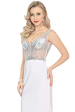 Spandex V Neck Beaded Bodice Mermaid Sweep Train Prom Dresses See-Through