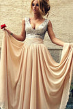 V-Neck Prom Dresses A Line Chiffon Sequined Bodice