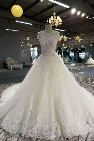 Marvelous Royal Train Wedding Dresses Short Sleeves With Appliques And Sequins Lace Up