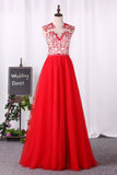 New Arrival A Line Scoop Prom Dresses Tulle With Applique And Beads