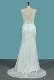 Lace V Neck Wedding Dresses Mermaid With Sash Court Train