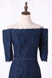 Boat Neck Lace Bridesmaid Dresses Sheath Mid-Length Sleeves