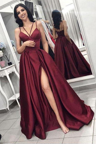 Slit A-Line Prom Dresses Sexy Spaghetti Straps Sweep Train