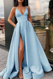 Simple A Line Yellow Spaghetti Straps Satin Prom Dresses with Slit, Party Dresss SJS15386