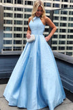 Elegant A Line Satin Jewel Pearls Blue Open Back Prom Evening Dresses With Pockets SJS15151