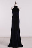 High Neck Mermaid Velvet Evening Dresses With Slit Floor Length