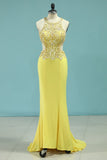 Sexy Open Back Scoop Prom Dresses Spandex With Beads