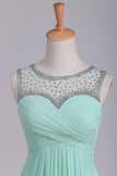 Mint Scoop A Line Prom Dresses Chiffon With Beads & Ruffles Floor Length