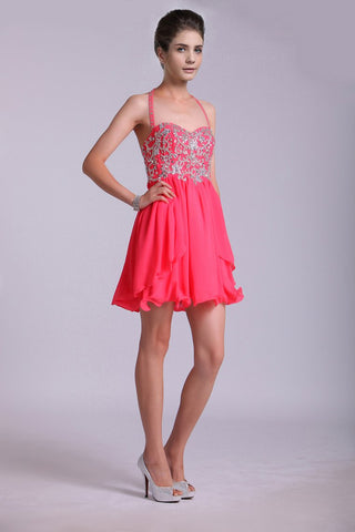 Homecoming Dresses A Line Halter Short/Mini Chiffon With Beading Sequins