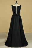 Black Prom Dresses Black Bodice Scoop Satin Floor Length Beaded & Belt