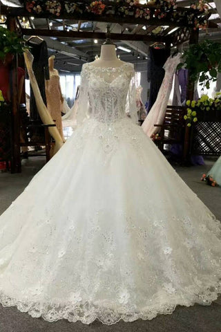 Luxury Wedding Dresses A-Line Floor Length Long Sleeves Lace Up Back Tulle With Applique And Beading