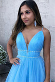 A Line Sky Blue Spaghetti Straps V Neck Tulle Prom Dresses, Cheap Evening Dresses SJS15554