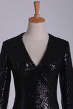 Prom Dresses V Neck Long Sleeves Sequins Sweep Train Black