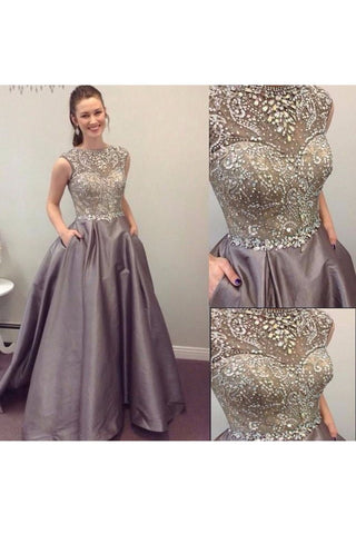 Scoop Beaded Bodice Taffeta A Line Sweep Train Prom Dresses