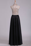 Prom Dresses High Neck Beaded Bodice Satin A Line Floor Length