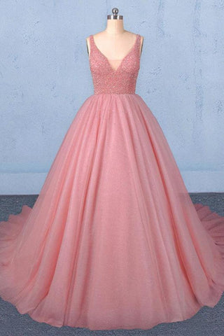 Ball Gown V Neck Tulle Prom Dress With Beads, Puffy Sleeveless Quinceanera Dresses