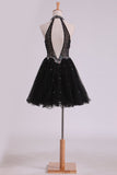 High Neck A Line Open Back Tulle With Beads Homecoming Dresses