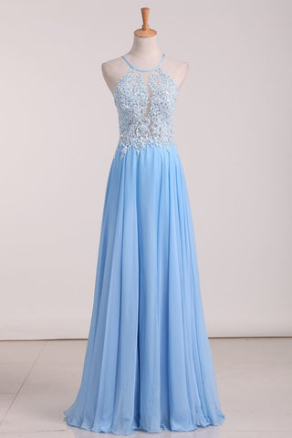 Open Back Spaghetti Straps Prom Dresses Chiffon With Applique A Line