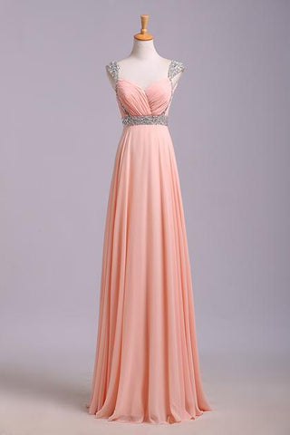 Simple Prom Dresses With Cap Sleeves A-Line V-Neck Floor-Length Chiffon Zipper Back