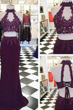 Beading Appliques Halter Stretch Satin Two Pieces Prom Dresses