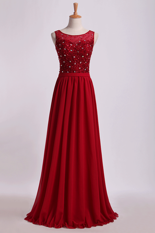 Bateau Prom Dresses A Line Floor Length With Embroidery&Beads Chiffon&Tulle