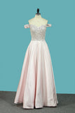 A Line Satin Off The Shoulder Prom Dresses With Beading Floor Length